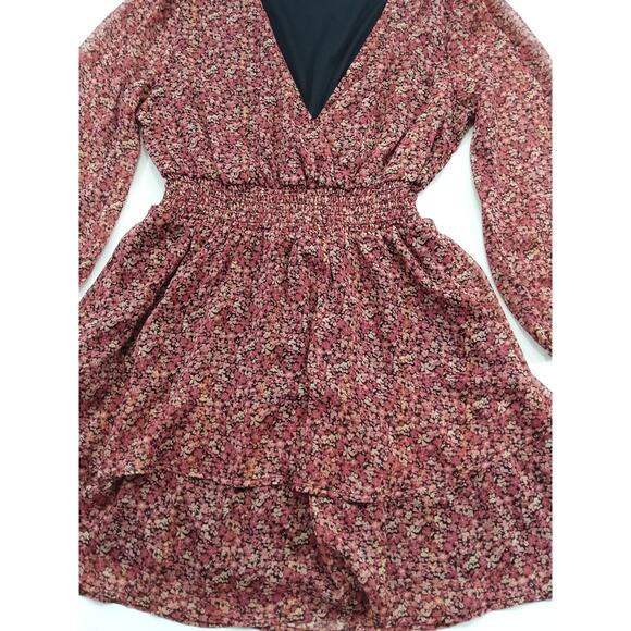 Coquette burgundy/pink Ditzy Floral dress mock waist, tiered Romantic Boho sheer - Picture 4 of 8